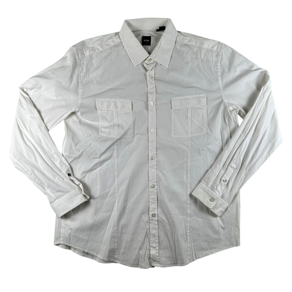 Hugo Boss Shirt Mens 2XL Solid Long Sleeve Button Up Slim Fit Double Pockets